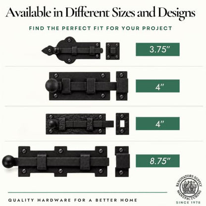 Renovators Supply Manufacturing Slide Bolt Latch 3.5 in. Black Wrought Iron Ball Tip Style Slide Bolt with Mounting Hardware - size: Pack of 1, style: 3.5 inch - Ball Tip