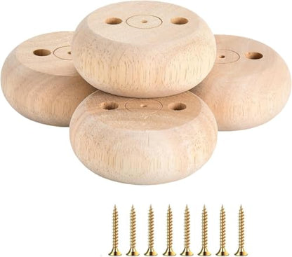 Set of 4 Unpainted Bun Feet 2 Inch Solid Wood for Furniture Unfinished Solid Hardwood Round Ottoman Couch Chair Sofa Legs with Screws