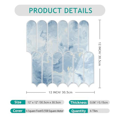 VEELIKE 6 Sheets Blue Kitchen Backsplash Tiles Peel and Stick Fish Scale Stick on Back Splash Tiles for Kitchen Bathroom Waterproof Blue Marble Tile Self Adhesive Backsplash Tile Stickers 12''x12'' - color: Blue, size: Box of 6 Tiles