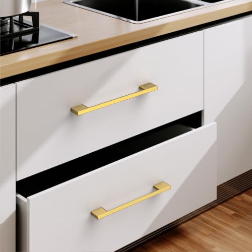 9BUILD 10 Pack Vibrant Brushed Moderne Brass Cabinet Pulls 5 Inch Cabinets Handles Kitchen Cabinet Hardware Handle for Dresser Pulls - color: Vibrant Brushed Moderne Brass, size: 5"/128MM Hole Center, style: 10 Pack