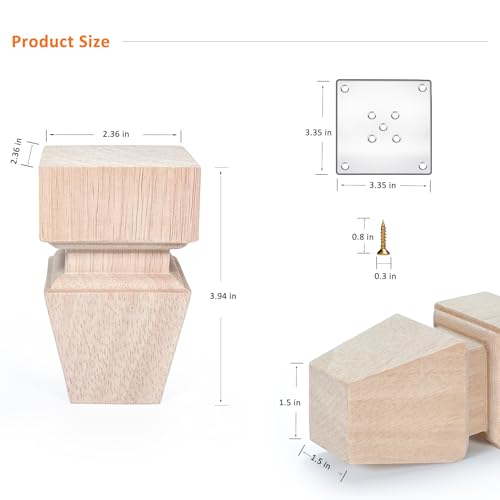 Crapapfert 4 Inch Wooden Furniture Legs, Set of 4 Replacement Solid Wood Unfinished Square Furniture Bun Feet for Couch Chair Sofa Dresser Desk Table Cabinet Bed Bookcase (4inch (with mounting parts)) - size: 4inch (with mounting parts)