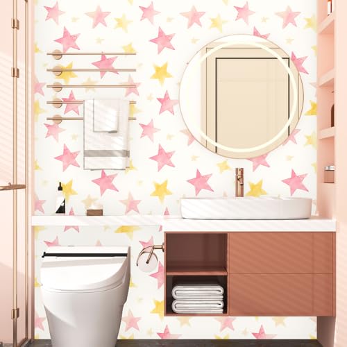 Fvlow Colorful Star Peel and Stick Wallpaper 17.4" x 118" - color: Pink/Gold, size: 17.4" x 118"