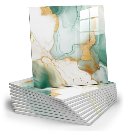 Chejiaye 22pcs Marble Peel and Stick Backsplash Waterproof Washroom Wall Panels, Peel and Stick Tile, PVC Foam Wall Panels for Kitchen,Bathroom,Living Room,Green and Gold(Not Real Tile,11.8" x 11.8") - color: Green and Gold, size: 11.8" x 11.8" x 22Pack