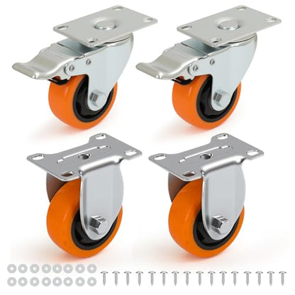 3 Inch Heavy Duty Casters Set of 4, 2 Rigid + 2 Locking, Orange PU