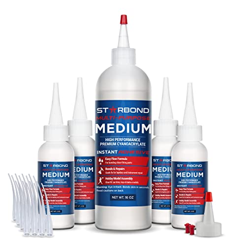 Starbond Medium CA Glue Complete Refill Kit (16 oz) – Cyanoacrylate Super Glue Refill System with Extra Bottles, Caps, Microtips & Yorker Spout for Woodworking, Carpentry, Quick Repairs & Hobby Builds - size: 16 ounce