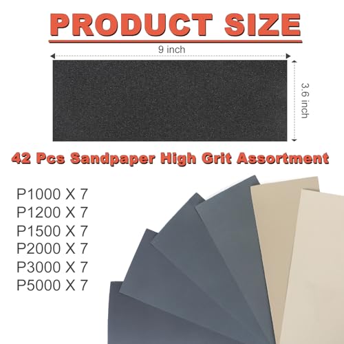 Wet Dry Sandpaper Sheets 9x3.6, 1000 1200 1500 2000 3000 5000 Grit, 42Pcs