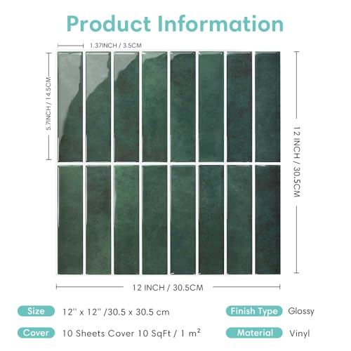 Commomy Green Peel and Stick Tile - 10 Pcs of 12" x 12" - color: Forest Green, Glossy Surface