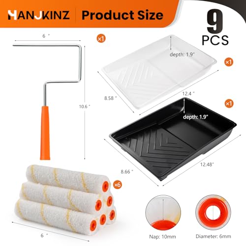 6 Inch Small Microfiber Paint Roller Kit, 9 Pcs