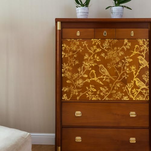 Peacoblue Gold Branches and Birds Rub On Transfers for Furniture 6"x12" - style: Gradient Gold Branches and Birds