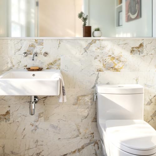 Vamos Tile Peel & Stick Backsplash on Subway Tile,22-Pack 6''x12'',Glossy - color: Gold Veining Pandora Marble with White Grout