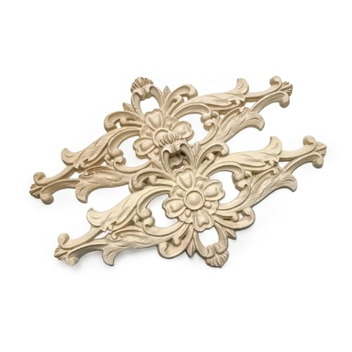 4 Pcs Decorative Wood Flower Carved Appliques Onlays, 3.9 x 7.9inch Diamond Unpainted Solid Wooden Carving Decal Trim Applique for Furniture Cabinet Closet Decoration (3.9 x 7.9inch-4pcs) - size: 3.9 x 7.9inch-4pcs