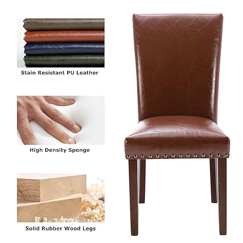 COLAMY Upholstered Parsons Dining Chairs Set of 2, PU Leather Dining Room Kitchen Side Chair with Nailhead Trim and Wood Legs - Light Brown - color: L-lightbrown, size: Set of 2