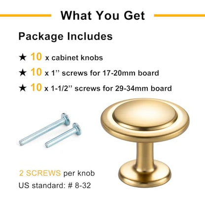 Brushed Gold Cabinet Knobs Round Kitchen Pulls 10 Pack 8222 - color: Brushed Gold, size: 1-1/4 Inches, style: 10 Pack Round Knob