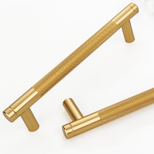 12 Pack 5 Inch 128 mm Gold Knurled Cabinet Handles Cabinet Pulls Aluminum Handles rawer Pulls Oxidation Finish with Diamond Pattern 6" Length (5" Hole Center) - color: PGold, size: 5 Inch