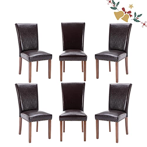 Parsons Dining Chairs Set of 6, Upholstered Nailhead PU Leather Dining Room Kitchen Side Chair with Thick Cushions and Wood Legs, Dark Brown - color: Dark Brown, size: set of 6