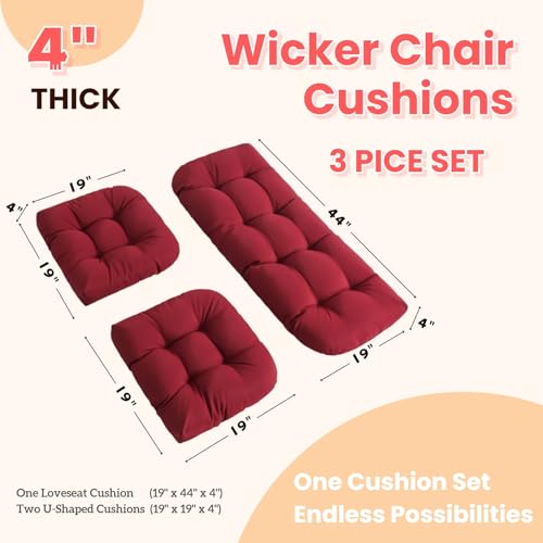 Wicker Chair Cushions 3 Piece Set, Waterproof Outdoor Cushion for Patio Furniture, Loveseat and U-Shaped Wicker Furniture Cushions, Red - color: Red