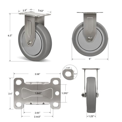 5" Caster Wheels, Stainless Steel Casters Set of 4 Heavy Duty, Anti-Corrosion Rubber Industrial Caster Wheels for Hospitals Food Labs(2 Swivel& 2 Rigid) - style: 2 Swivel&2 Rigid