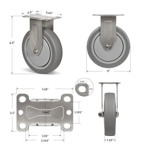 5" Caster Wheels Heavy Duty, Stainless Steel Casters for Hospitals Food Labs, Each Industrial Rubber Caster Load 350 lbs(12 Rigid) - style: 12 Rigid