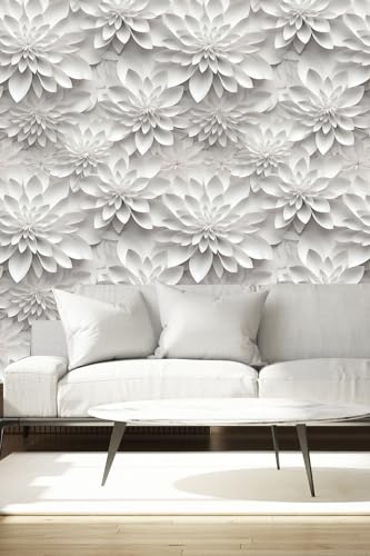 White Gray Lotus Floral Peel and Stick Wallpaper Visual 3D Effect - color: White& Gray, size: 17.7" x 118"