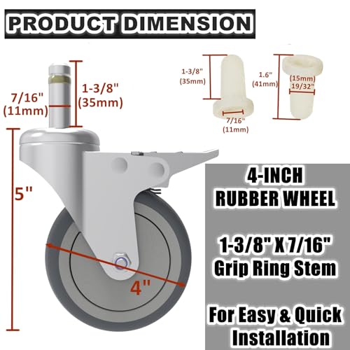 RILIDRI 4-Inch Swivel Stem Caster, 7/16-Inch Stem Diameter Rubber Wheel, Heavy Duty TPR Replacement Wheels for Rubbermaid Mop Bucket Cart Grill Casters - 4 Pack (2 Brakes 2 Swivel) - size: 4 Inch-200LB(2 Dual Brakes)