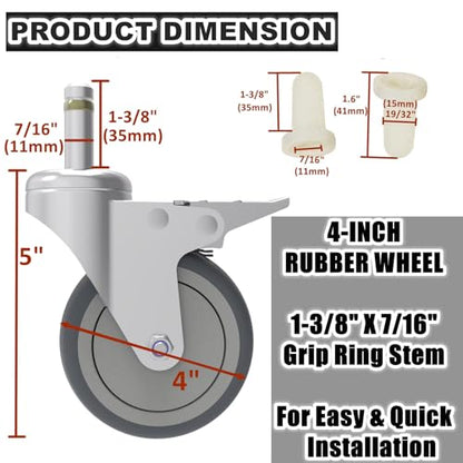 RILIDRI 4-Inch Swivel Stem Caster, 7/16-Inch Stem Diameter Rubber Wheel, Heavy Duty TPR Replacement Wheels for Rubbermaid Mop Bucket Cart Grill Casters - 4 Pack (2 Brakes 2 Swivel) - size: 4 Inch-200LB(2 Dual Brakes)