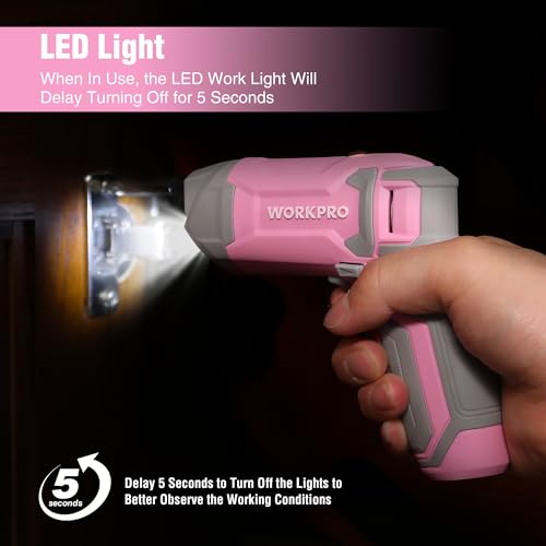 WORKPRO Pink Cordless Screwdriver Set, Rechargeable Eccentric Screwdriver