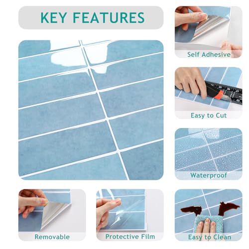 VEELIKE Coastal Blue Peel and Stick Backsplash for Kitchen Waterproof Peel and Stick Tile Backsplash 6 Sheets 12''x12'' Renter Friendly Self Adhesive Back Splash Tile Stickers for Kitchen Bathroom