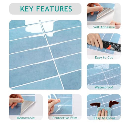 VEELIKE Coastal Blue Peel and Stick Backsplash for Kitchen Waterproof Peel and Stick Tile Backsplash 6 Sheets 12''x12'' Renter Friendly Self Adhesive Back Splash Tile Stickers for Kitchen Bathroom