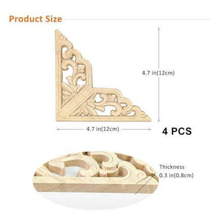 Wood Appliques 4PCS 4.7in Corner Onlays Carved Wood Furniture Trim - size: 4.7inch(12cm)