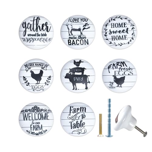 JamJam Set of 8 1.5" Round Chicken Pig Cow Ceramic Farmhouse Animals Kitchen Cabinet Door Dresser Drawer Knobs and Pulls