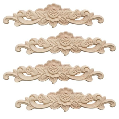 Wood Carved Long Onlay Appliques for Furniture, Rubber Wood 4 Pack