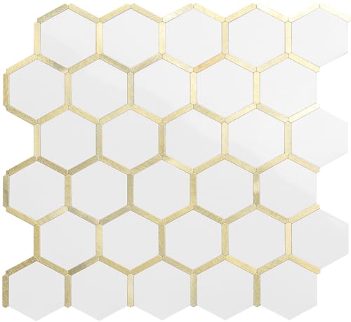 DICOFUN 10-Sheet Hexagon Peel and Stick Backsplash Tile, Polished White Tile Look Mixed Light Gold Kitchen Backsplash Peel and Stick Wall Tiles - color: White Tile + Light Gold Metal Frame, size: 10 Sheets, 12''x12''x0.12''