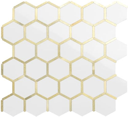 DICOFUN 10-Sheet Hexagon Peel and Stick Backsplash Tile, Polished White Tile Look Mixed Light Gold Kitchen Backsplash Peel and Stick Wall Tiles - color: White Tile + Light Gold Metal Frame, size: 10 Sheets, 12''x12''x0.12''