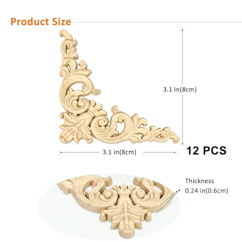 Wood Appliques 12PCS Unfinished Wood Onlay 3.1in Furniture Cabinet Decor - size: 3.1 inch