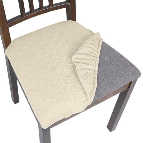 SearchI Seat Covers for Dining Room Chairs Stretch Jacquard Chair Seat Covers Set of 4, Removable Washable Upholstered Chair Seat Protector Cushion Slipcovers for Kitchen, Office(Beige Rhombus) - color: Beige Rhombus