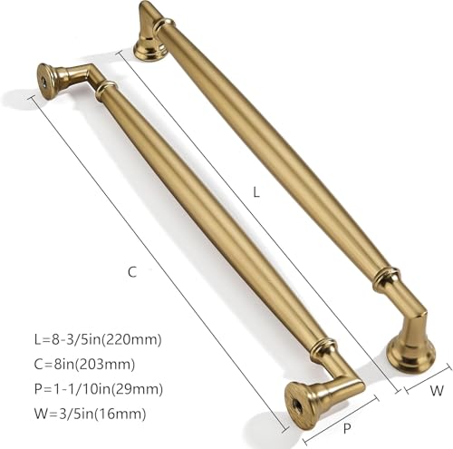 2 Pack 8 Inch Hole Center Brushed Brass Cabinet pulls Solid Satin Brass Heavy Duty Cabinet Pull Cabinet Handles Kitchen Cabinet Hardware Vanity Handles Bathroom Cabinet pulls - color: Brushed Brass, size: 8 Inch(203mm)hole center