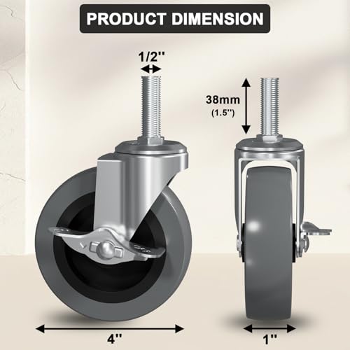 4 Inch Caster Wheels 1/2" -13 x 1-1/2" Locking Threaded Stem Castor 4 Pack - size: 1/2" -13 x 1-1/2"