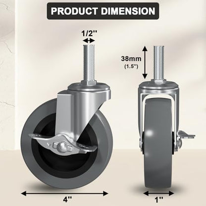 4 Inch Caster Wheels 1/2" -13 x 1-1/2" Locking Threaded Stem Castor 4 Pack - size: 1/2" -13 x 1-1/2"