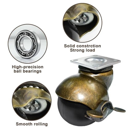 MySit 2 Inch Ball Caster Plate Brass Vintage Antique Wheels with Brakes - size: 2inch(with brake)
