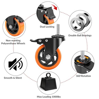 5 Inch Caster Wheels,Threaded Stem Casters Set of 4 Heavy Duty with Brake - size: 5"8pack