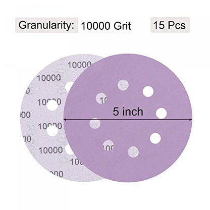 uxcell 15Pcs 5-Inch Purple Sanding Discs 10000 Grits 8 Hole Hook and Loop Professional Aluminum Oxide Sand Paper Wet Dry Polish for Wood Metal Paint Finish - style: 10000 Grit