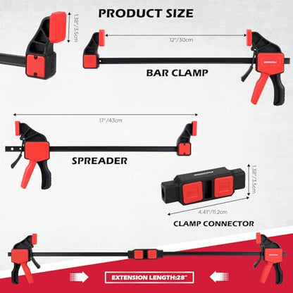 3-Pack 12 Inch Bar Clamps for Woodworking with Clamp Connector, 12" Quick-Release Wood Clamps with 150 LBS Load Limit, Trigger Clamp Set, One-Handed Clamps/Spreader Ideal for Woodworking DIY Projects - style: 12" (3-Pack) | Extends to 24"+