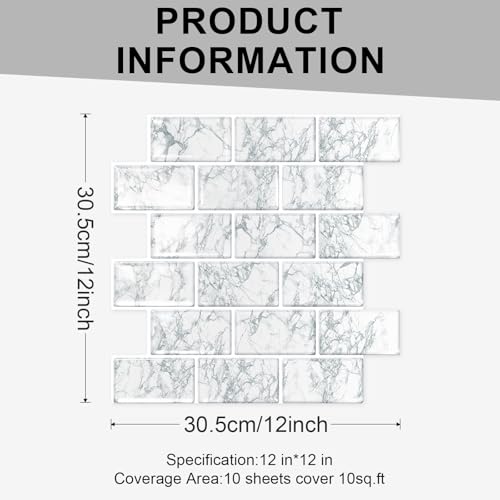 10 Sheets Thicker Design Peel and Stick Backsplash, 12"x12" Peel and Stick Wall Tiles, Subway Look Marble Tiles Backsplash for Kitchen and Bathroom, Snow Flake White - color: Snow Flake White