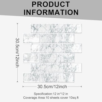 10 Sheets Thicker Design Peel and Stick Backsplash, 12"x12" Peel and Stick Wall Tiles, Subway Look Marble Tiles Backsplash for Kitchen and Bathroom, Snow Flake White - color: Snow Flake White