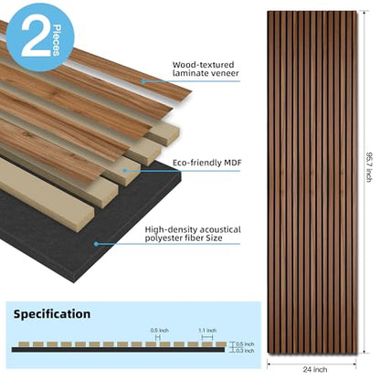 Art3d Acoustic Wood Slat Panels 94.5"x24", 2-Pack, 31sq.ft, Walnut Brown - color: Walnut Brown