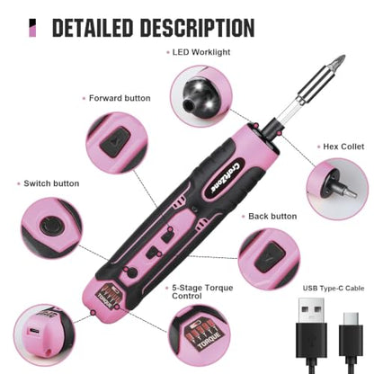 Rechargeable Cordless Electric Screwdriver Set, 28‑Piece Bit - color: Pink
