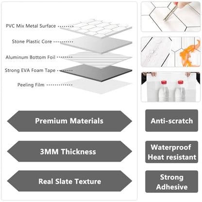 Vamos Tile Long Hexagon Peel and Stick Backsplash Tile - 10 Sheets Stick on Backsplash for Kitchen and Bathroom 12.4 x 12 Inch Dolomite Marble Look PVC Self Adhesive Mosaic Wall Tiles - color: Dolomite Marble Look