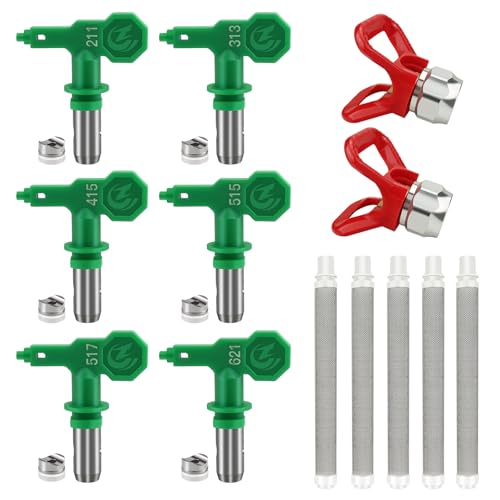 6 Pcs Airless High Pressure Tips Reversible Spray Tip 2 Pcs Nozzle Tip Guards and 5 Pcs Airless Paint Spray Gun Filters for Sprayer Accessories (211, 313, 415, 515，517, 621) - color: A-green 211, 313, 415, 515, 517, 621