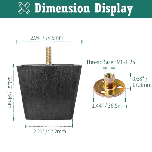 4pcs Plastic Square Legs 2-1/2" with Plate Nuts, M8-1.25 Thread - size: 2-1/2 Inch, M8-1.25 Metric Bolts