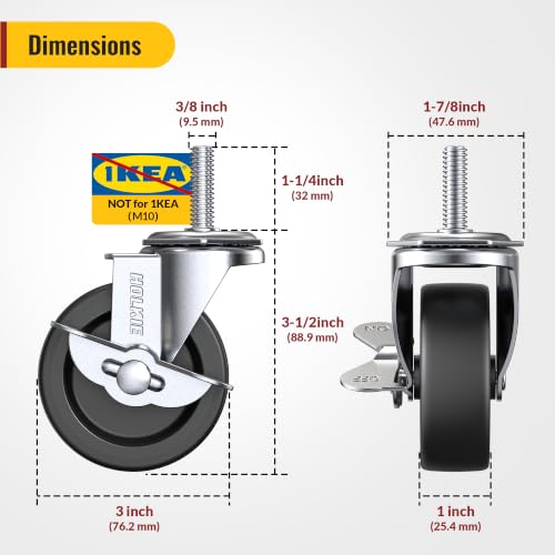 HOLKIE Caster Wheels 3 inch Locking Casters Set of 4, Threaded Stem 3/8" -16 x 1-1/4" (Diameter 3/8", Length 1-1/4") Swivel Heavy Duty Castors Black - style: Black-3/8" -16 x 1-1/4"